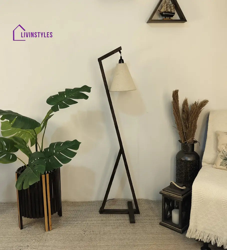 Zed Wooden Floor Lamp With Brown Base And Beige Fabric Lampshade Lamps