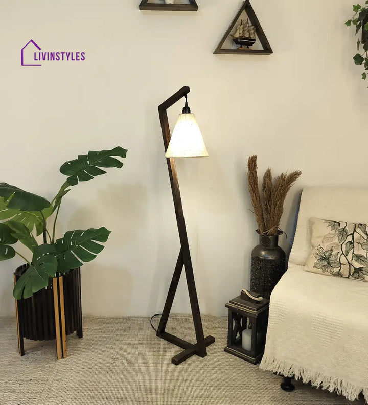 Zed Wooden Floor Lamp With Brown Base And Beige Fabric Lampshade Lamps