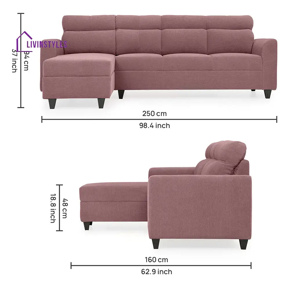 Zivo Plus Dusky Pink Fabric Sofa Set 3 Seater Sofa with Lounger Sofa Cum Lounger