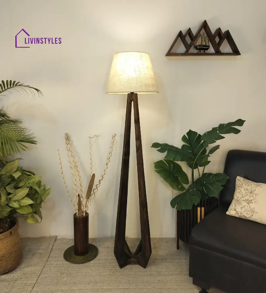 Zoe Wooden Floor Lamp With Brown Base And Jute Fabric Lampshade Lamps