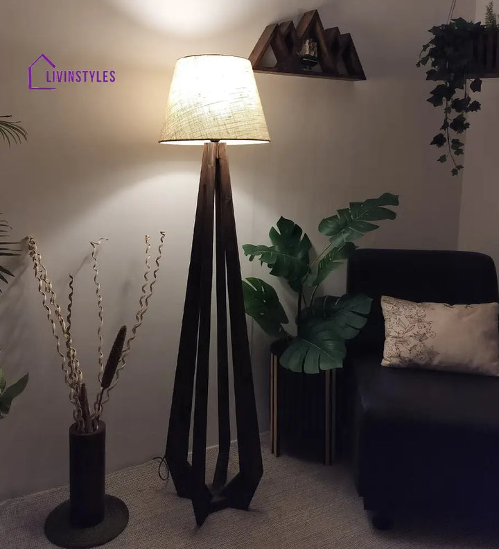 Zoe Wooden Floor Lamp With Brown Base And Jute Fabric Lampshade Lamps