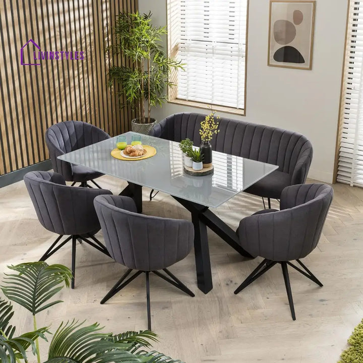 Zoya Modern 6 Seater Glass Dining Table And Bench Set Room / Sets